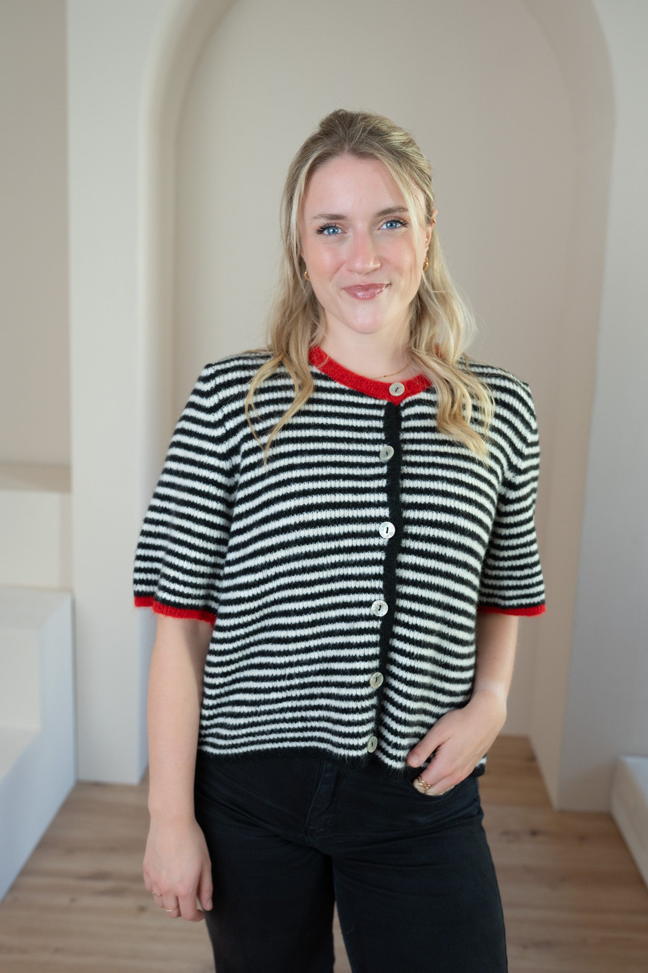 Strickjacke kurzarm gestreift