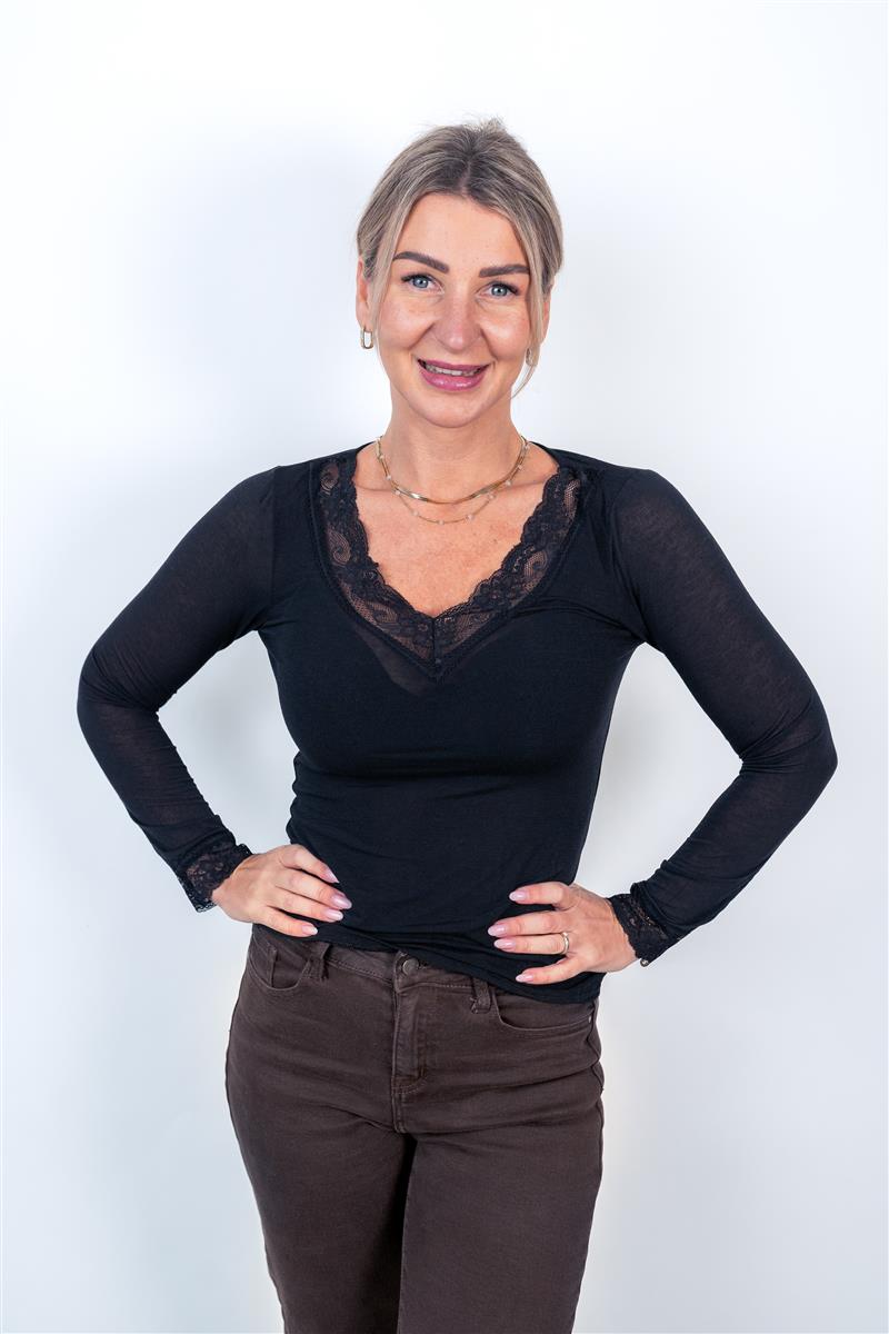 Langarmshirt V-Ausschnitt & Spitze mit Kaschmir