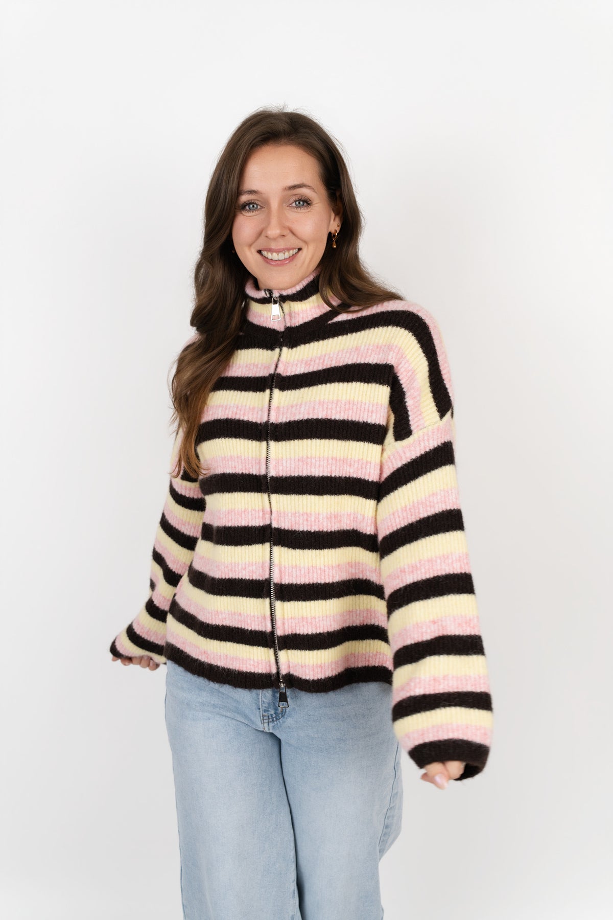 Zip-Up Cardigan mit breiten Streifen