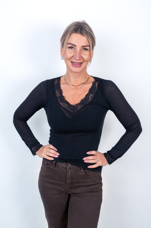Langarmshirt V-Ausschnitt & Spitze mit Kaschmir